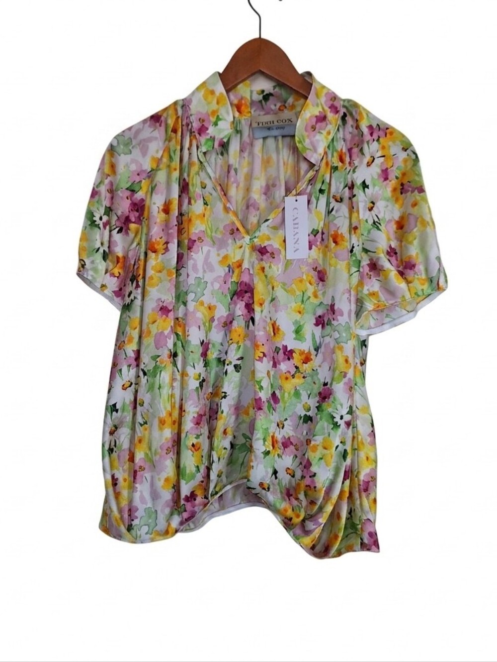 Tish Cox Cabana Watercolor Floral V-Neck Designer Multicolor Top Blouse S